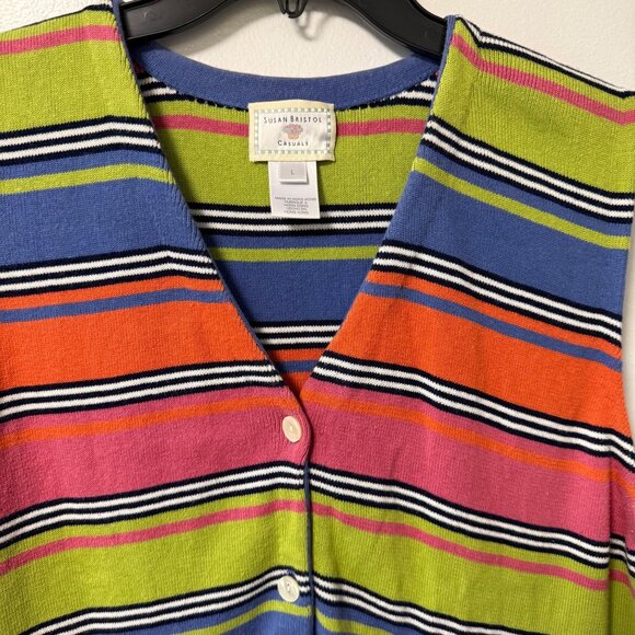 Susan Bristol Cardigan Sweater Vest Knit Size L Retro Stripes Tank Top Rainbow - Picture 4 of 8